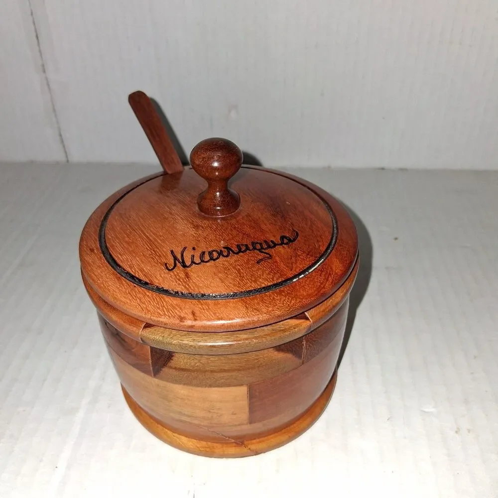 vintage handcrafted brick/patchwork wooden lidded sugar or honey pot Nicaragua
